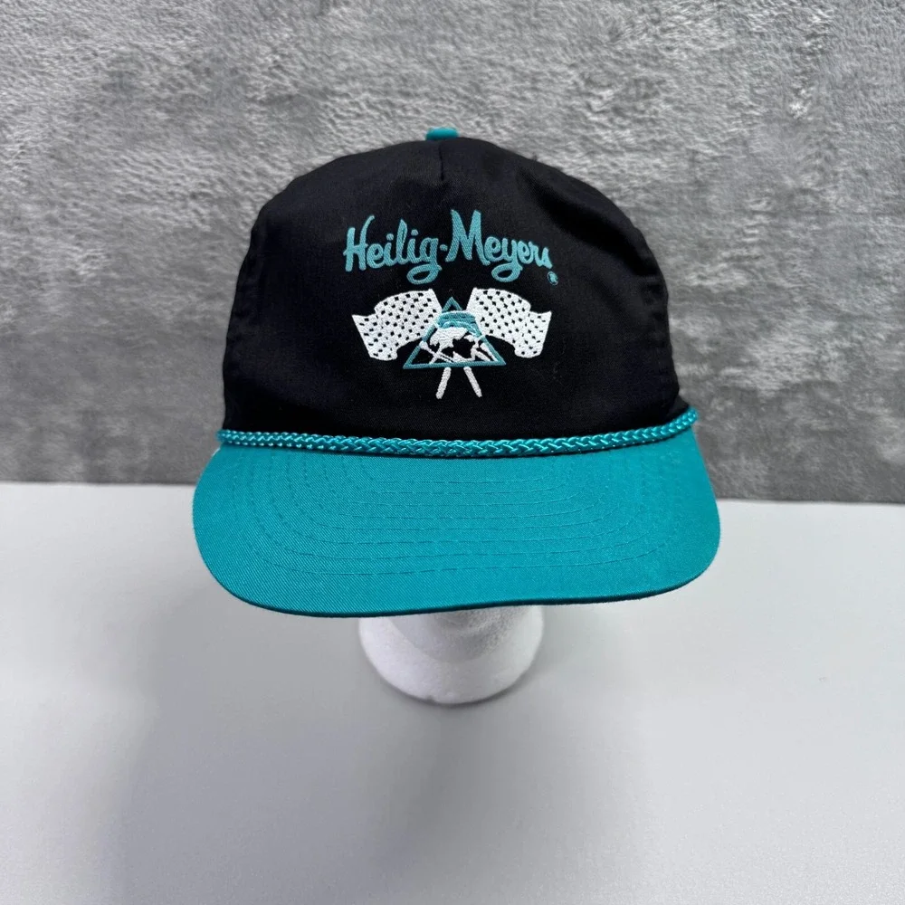 Vintage Heilig Meyers Furniture Embroidered Snapback Hat Black Teal Nissin Cap